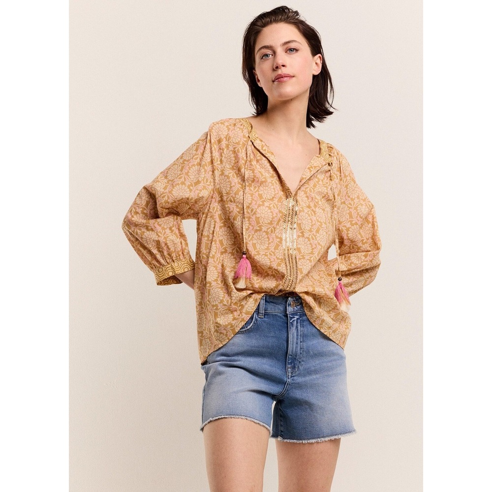 Summum Floral Print‎ Blouse Pink Tassels Long Sleeve Relaxed Fit size small NWT